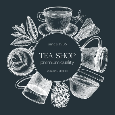 Hand sketched tea drinks round design on chalkboard. Vintage teacups, glasses, leaves, flowers hand drawings wreath. Tea beverages card or invitation template. For recipe, menu, label, packaging.